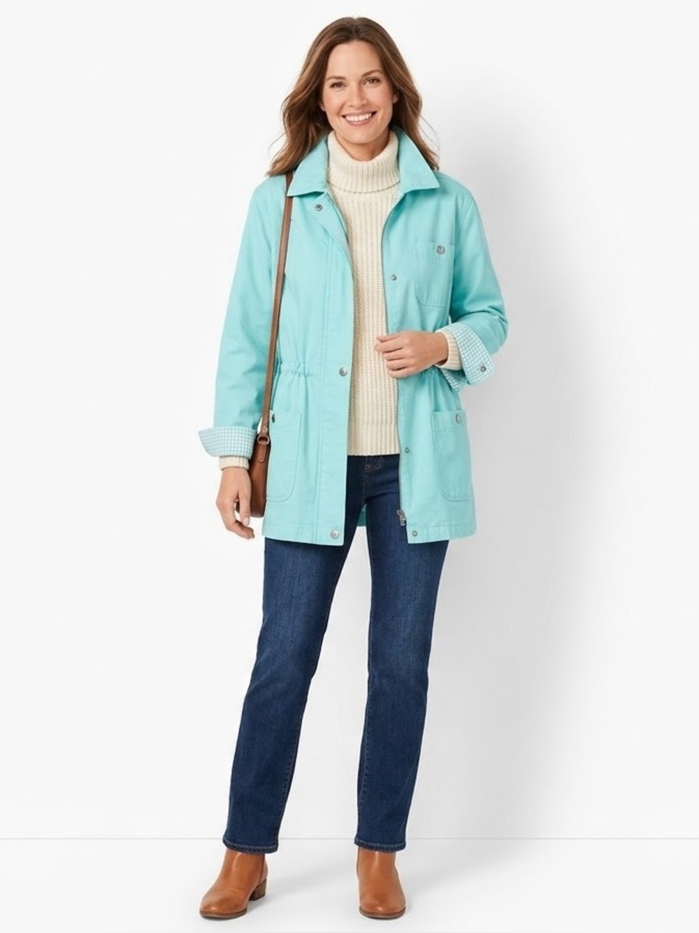 Denim & Co Aqua Blue Barn Chore Jacket Gingham Lining Size L NWOT